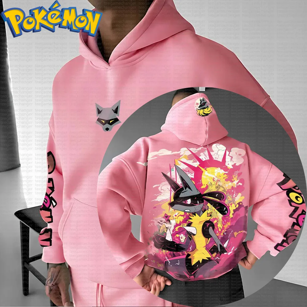 Pokemon anime lucario algodão moletom com capuz harajuku calças conjunto rosa preto cinza personagem impressão com efeito relâmpago amarelo duas peças