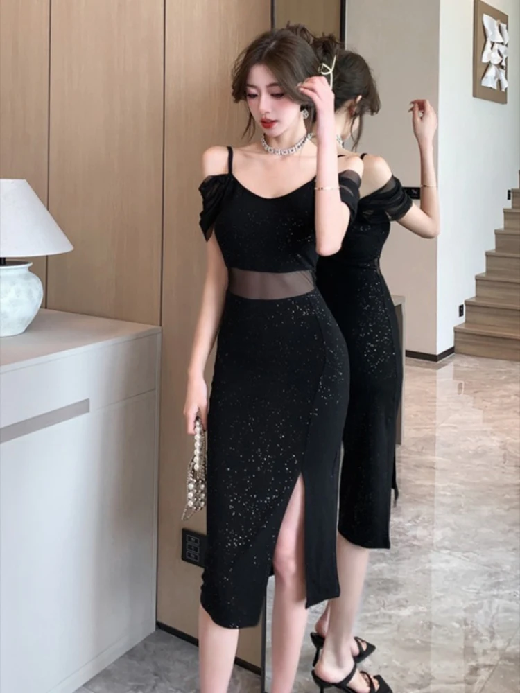 Black Sequins Patchwork Mesh Sexy Sling Dress for Women Summer Elegant Dance Party Dress 2024 Korean Vintage Evening Dress