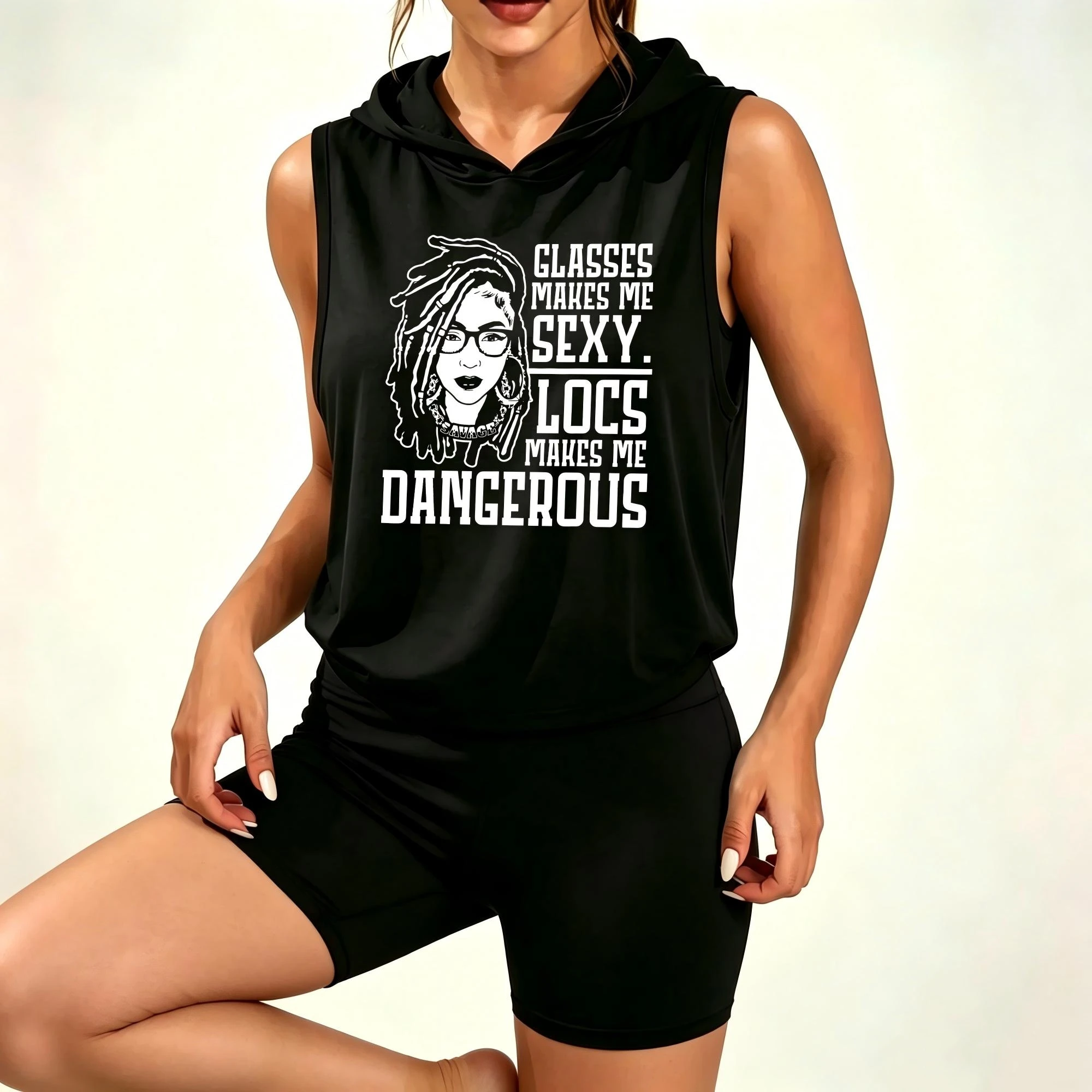 Women's Sleeveless Hooded Tank Top & High Waist Biker Shorts Set, Figure Letter Print Casual Yoga Shorts Suit, Fashion Two Piece Outfit for Daily Wear