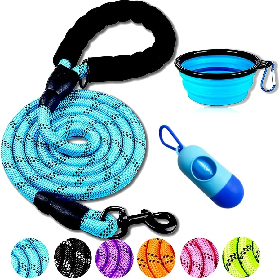Correa para perro de 2 pies, 5 pies, 6 pies de grosor, cuerda de nailon con cómodo mango acolchado, cuenco plegable reflectante para mascotas y bolsas de basura, azul 1 3