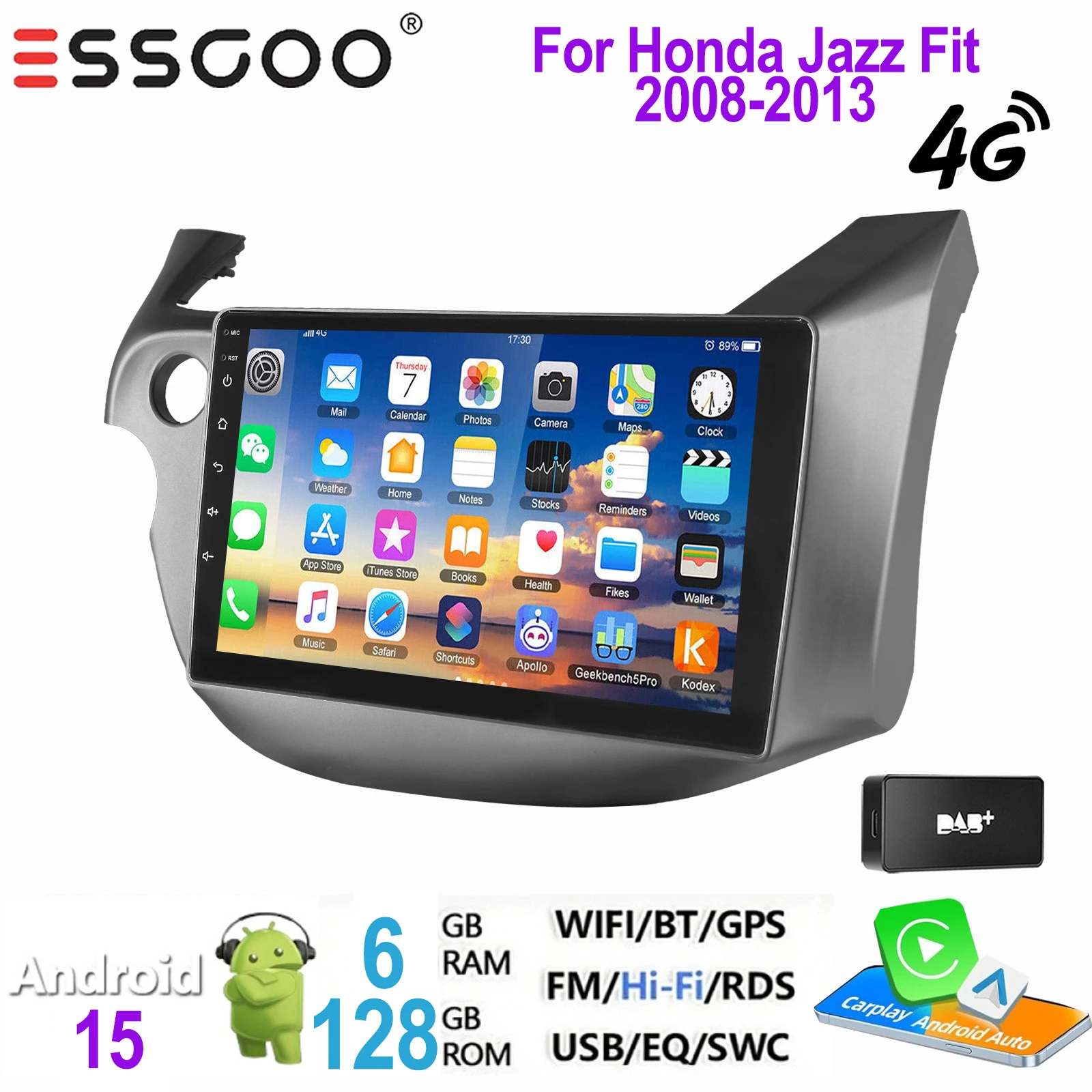 ESSGOO 2 DIN autoradio voor Honda Jazz Fit 2008-2013 Android 15 met draadloze Carplay, Android Auto, GPS, NAVI, WIFI, SWC, RDS, FM, ASP