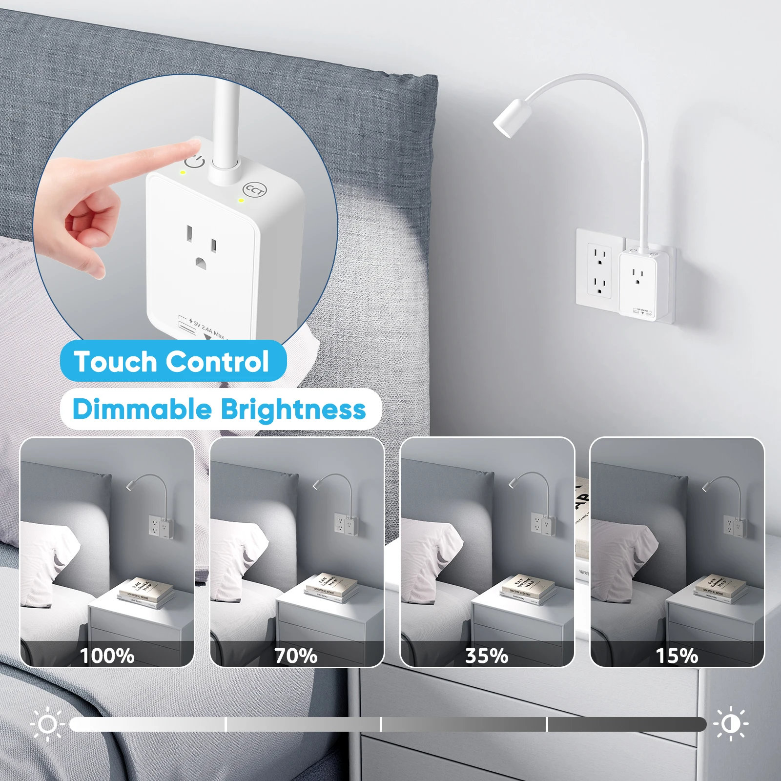 Plug in LED Book Reading Spot Light, White Dimmable Wall Sconce Lamp with Outlet Extender for Bedroom, USB Output Charging Ports
