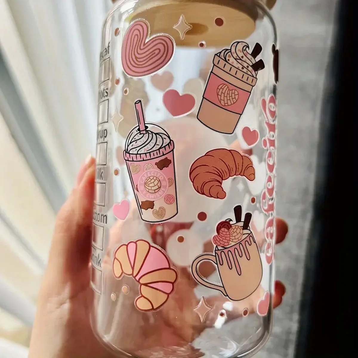 16oz Dessert Love Pattern Glass Drinking Cup With Bamboo Lid And Straw Motivational Statement Summer Drinkware For Gifts