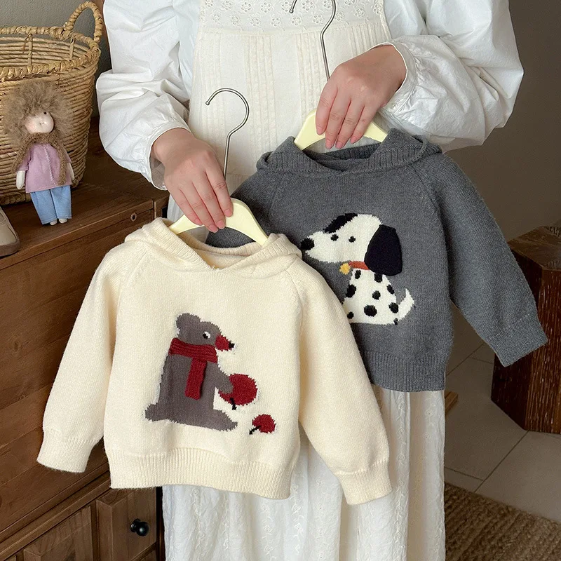 

Baby Boys Girls Knitted Sweater Autumn Winter Cute Cartoon Long Sleeved Tops Hooded Pullover Comfortable Children Clothing 1-4Y