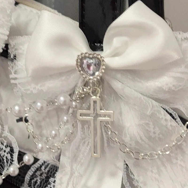 Gotische Haarspange mit Schleife, Spitze, Kreuzkette, Stoff-Haarklammer, Dekoration, Romantisches Vintage-Haaraccessoire für Frauen und Mädchen, Cosplay – Detail 9