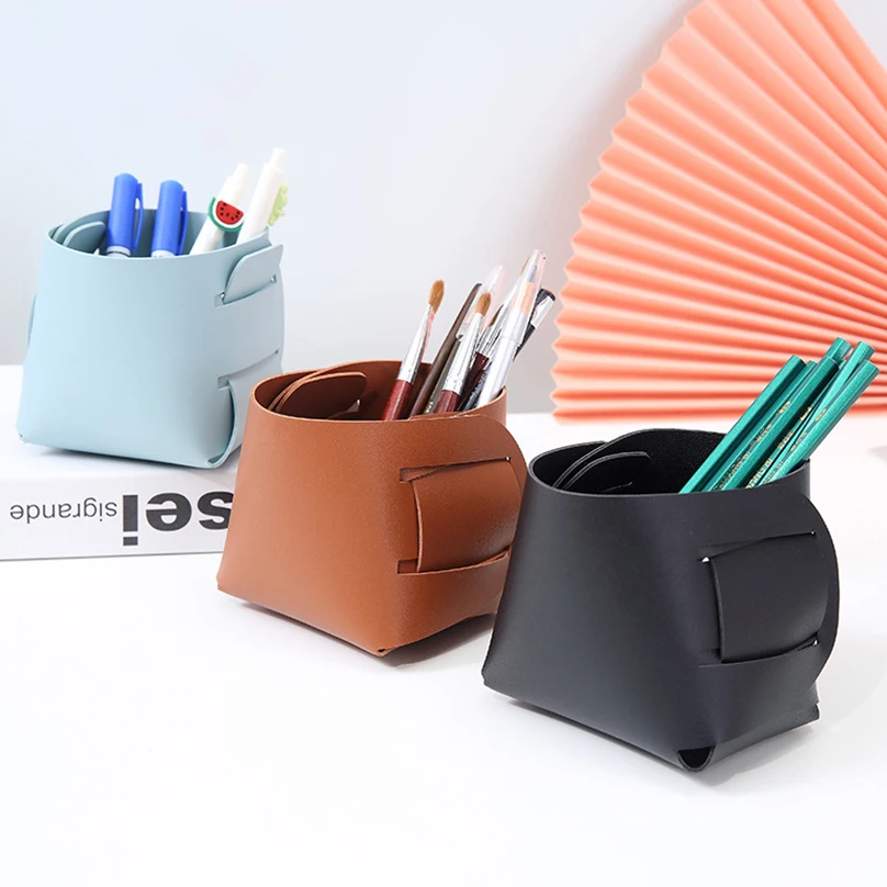 1Pcs Pen Holder Desk Organizer Porta Lapices PU Leather Penholder Escritorio Accesorio Storage Box Stationery Pencil Holder