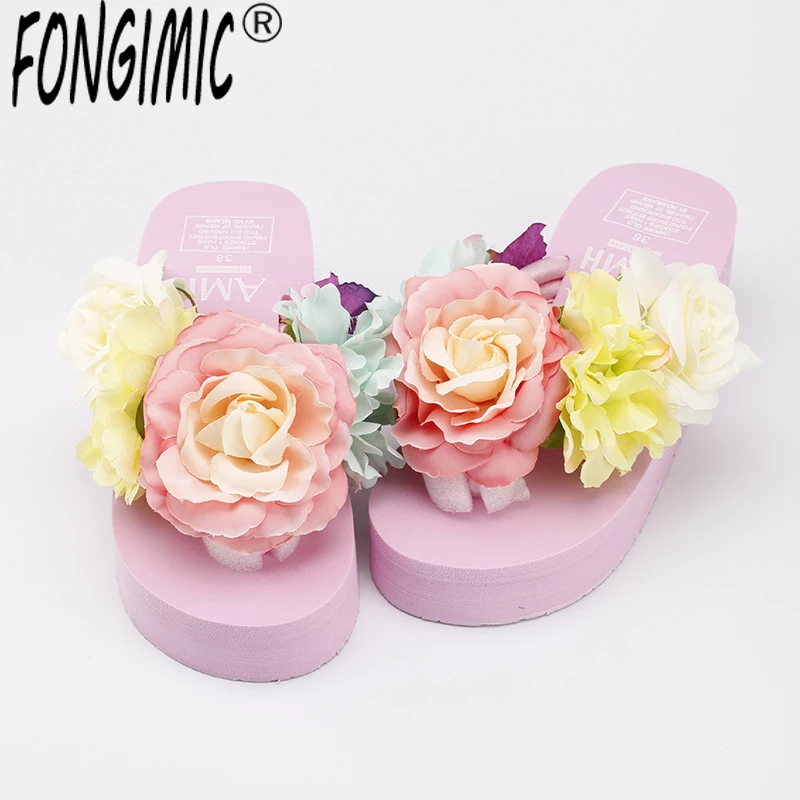 Summer Slippers Bohemia Flowers Woman Beach Flip Flops Summer Style Slides Resistant Slippers Platform Shoes Beach Slippers