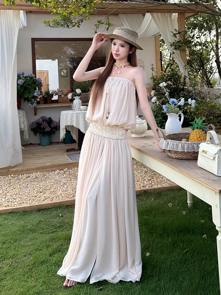 ReddaChic Women's Drawstring Corset Maxi Long Dress Cocktail Party Chiffon Cinched Waist Split Dress Vacation Summer Clothes