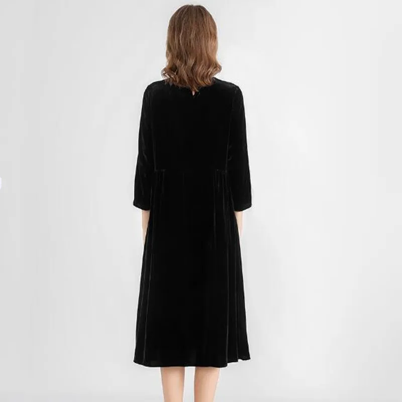 女性用七分袖ベロアパーティードレス、Oネックボタン付きプリーツフリルベルベットドレス、春秋ヴィンテージパーティードレス