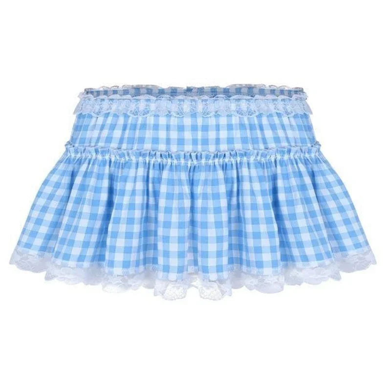 Y2K Lace Plaid Gingham Ruffle Short Princess Dress Women Mini Skirt Fairy Lolita Style Sexy Low Rise Pleated A-line Mini Skirt