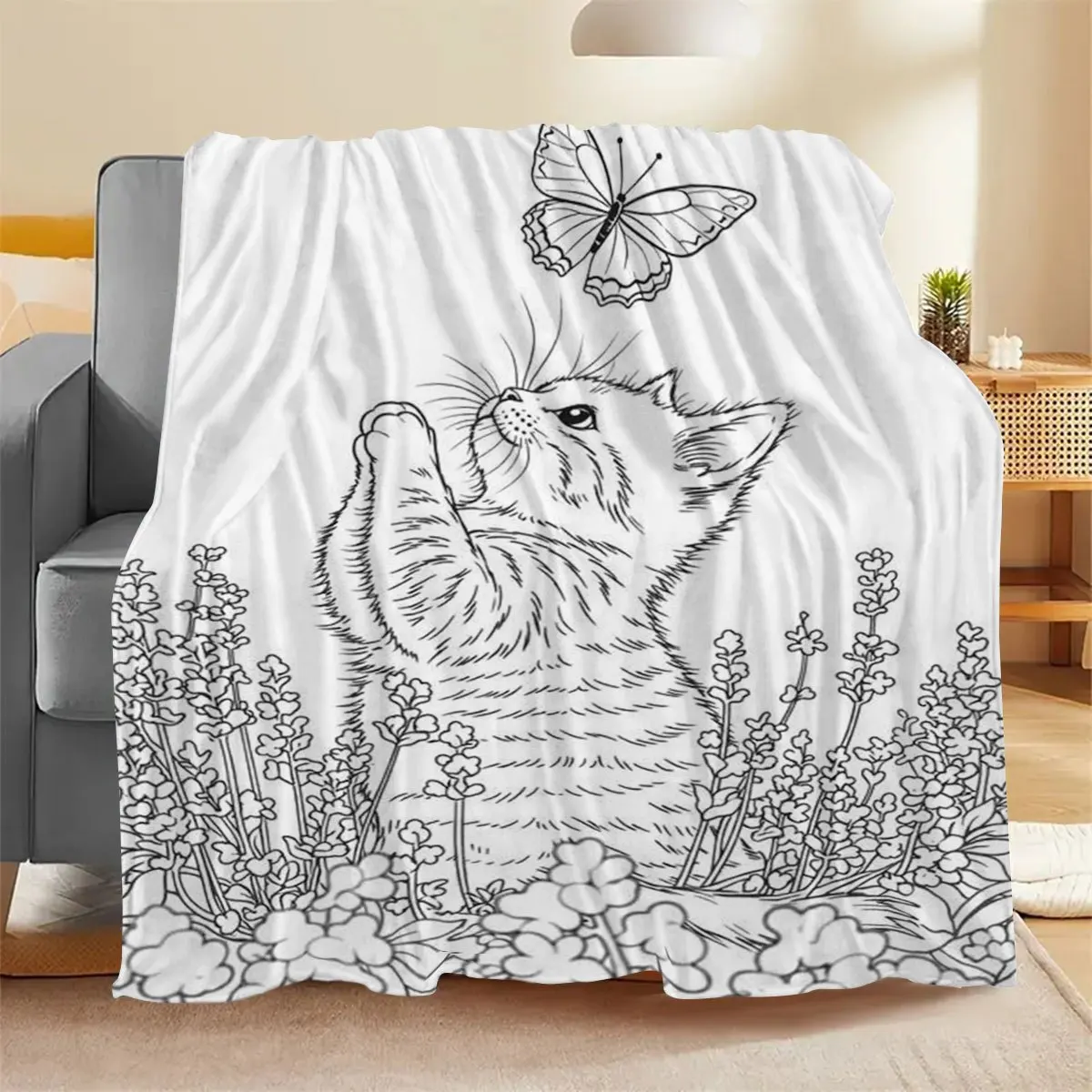 1pc Creative DIY Coloring Flannel Blanket. Black White Line Art Cat Chasing Butterfly Print, Skin Friendly for Sofa Living Room