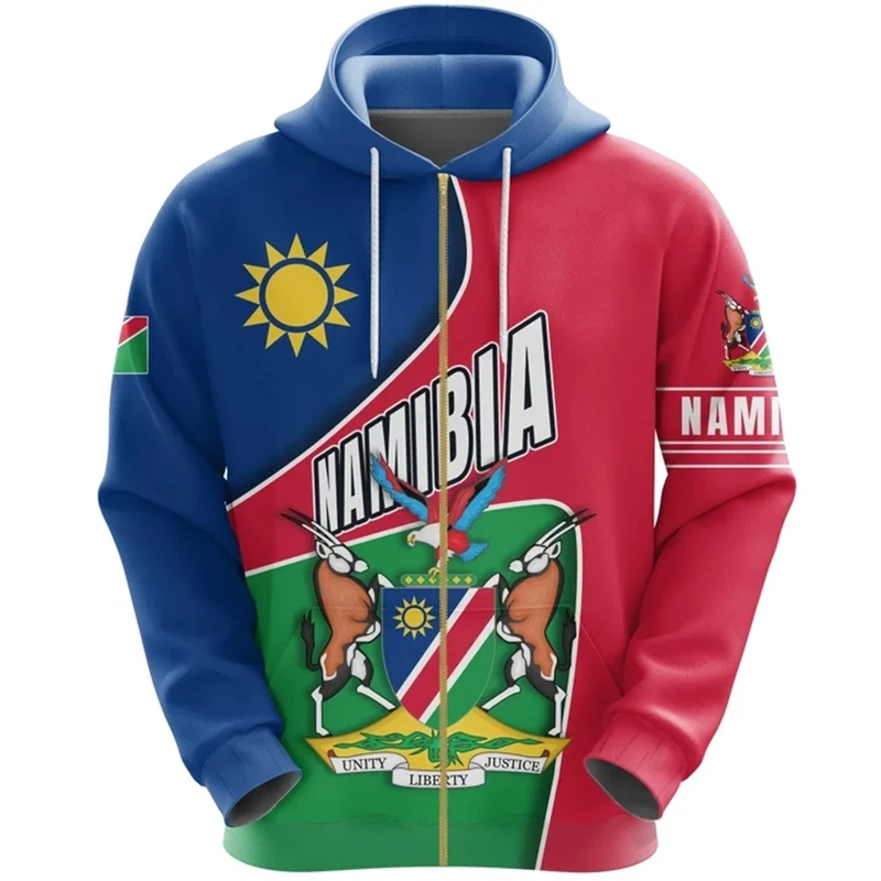 

Africa Country Namibia Graphic Sweatshirts Casual Boy Hoody Flag Map Dashiki Zip Up Hoodie For Men Clothes National Emblem Tops