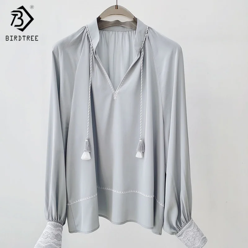 Birdtree,22MM 100%  Silk Blouse,Women's Embroidery Full Sleeve V-neck Shirts,Commuting Style,2025 New Pullover T5D402JF