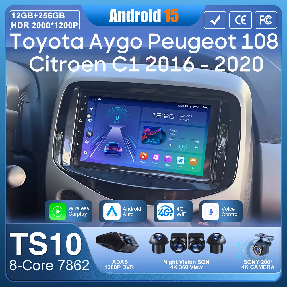 Autoradio Android 16 pour Toyota Aygo Peugeot 108 citroën C1 2016 - 2020 Navigation GPS Android Auto Carplay Wifi 4G unité No 2din
