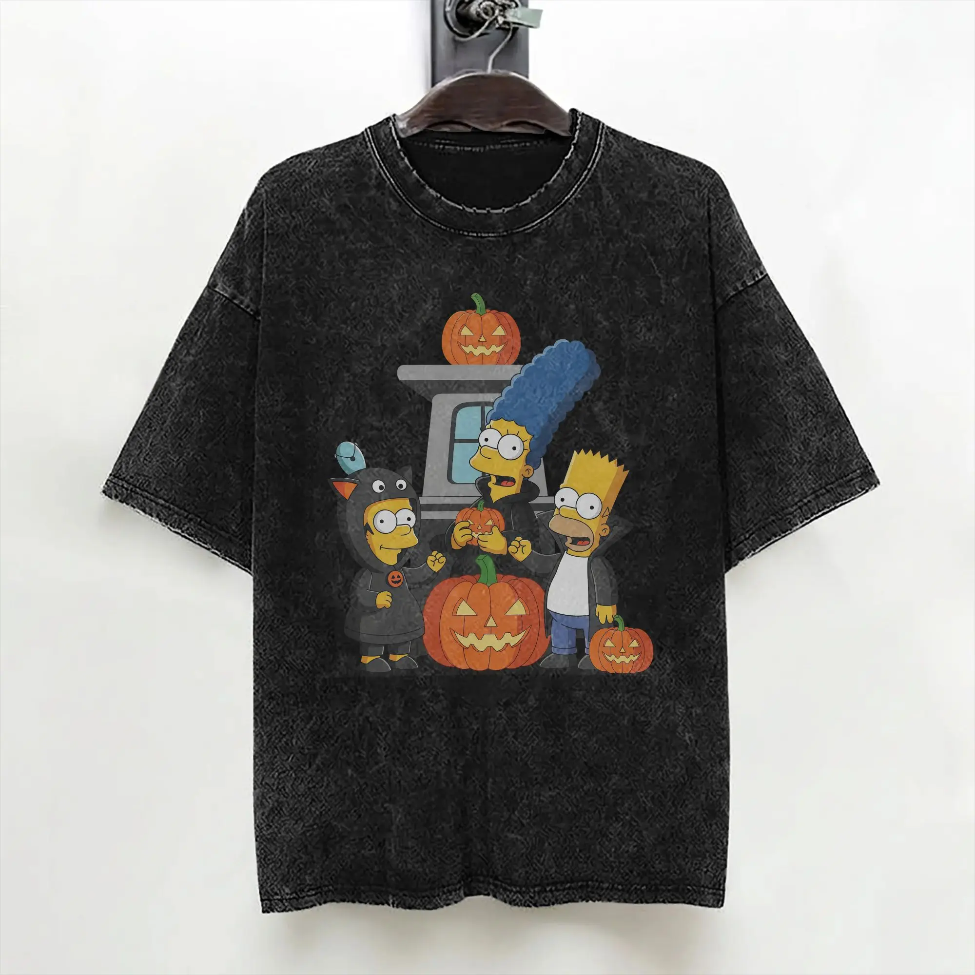 Cartoon S-Simpsons Halloween T Shirt Washed Short Sleeve Oversize T-Shirts  Vintage for Men Women Streetwear Graphic Tees