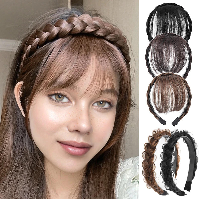 Synthetic Fake Bangs Hairband Neat Fringe Bands with Double Row Braids Headband Heat Resistant Bang Hair Extensions Hairpieces