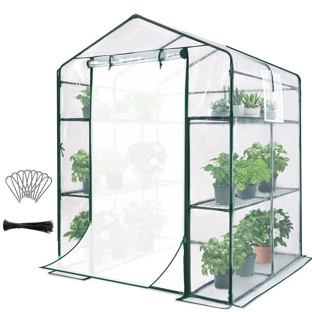 

56"x56"x77" Walk-in Mini Greenhouse with 12 Shelves, Transparent PVC Cover, Screen Door, Hooks & Tags for Garden Plants