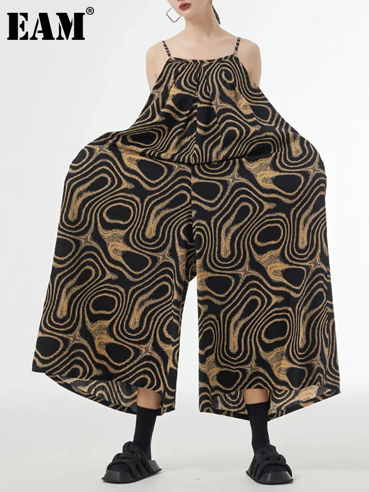 

[EAM] Women Print Wide Leg Full Length Rompers New High Waist Pocket Stitch Pants Fashion Tide Spring Autumn 2024 1DH4284