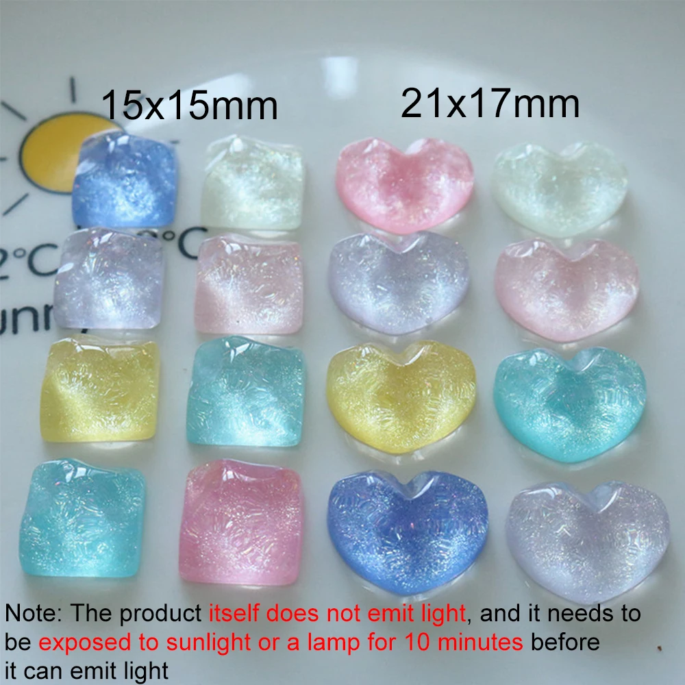 10PCS Noctilucent Square Heart Series Resin Flatback Cabochons For Hairpin Scrapbooking DIY Jewelry Craft Decoration Accessories