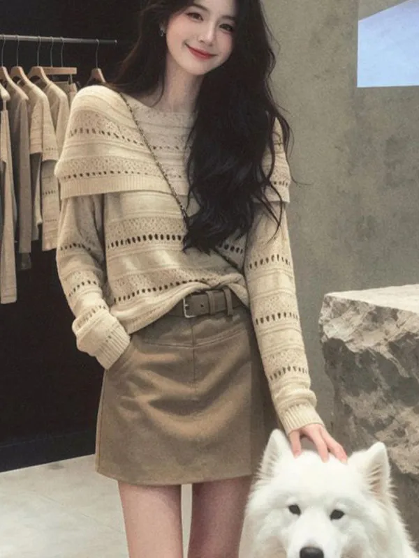 Korean Style Anti-Aging Small Size Women's plus Size Design Sense Hollow Knitted Sweater Top Short Skirt Two-Piece Set