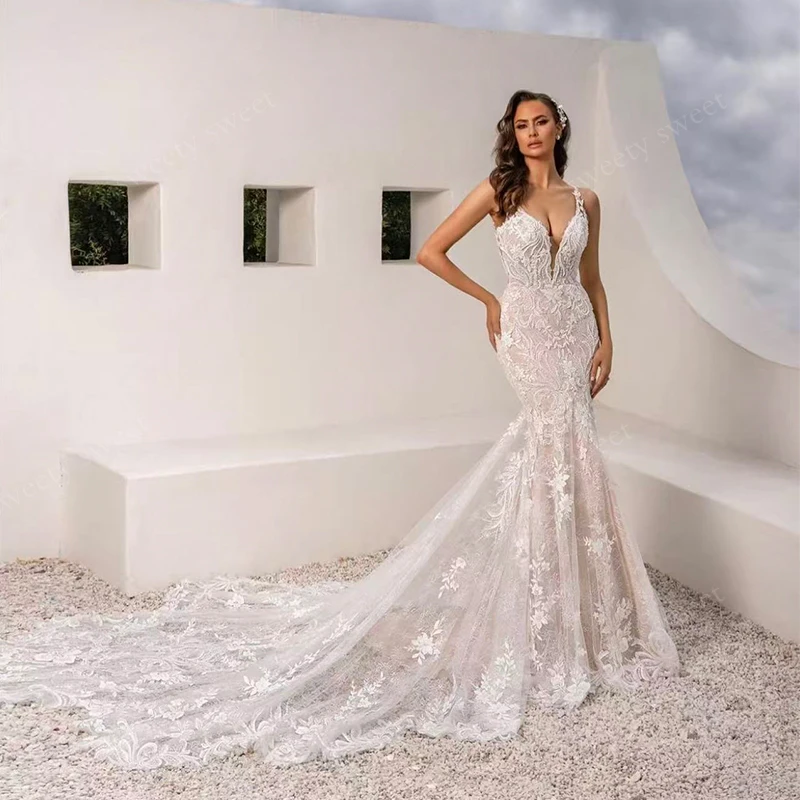 Abnehmbarer Zug Brautkleid Sexy Organza mit Stickerei Meerjungfrau Ballkleid ärmellos V-Ausschnitt individuelle Braut Vestido De Novia