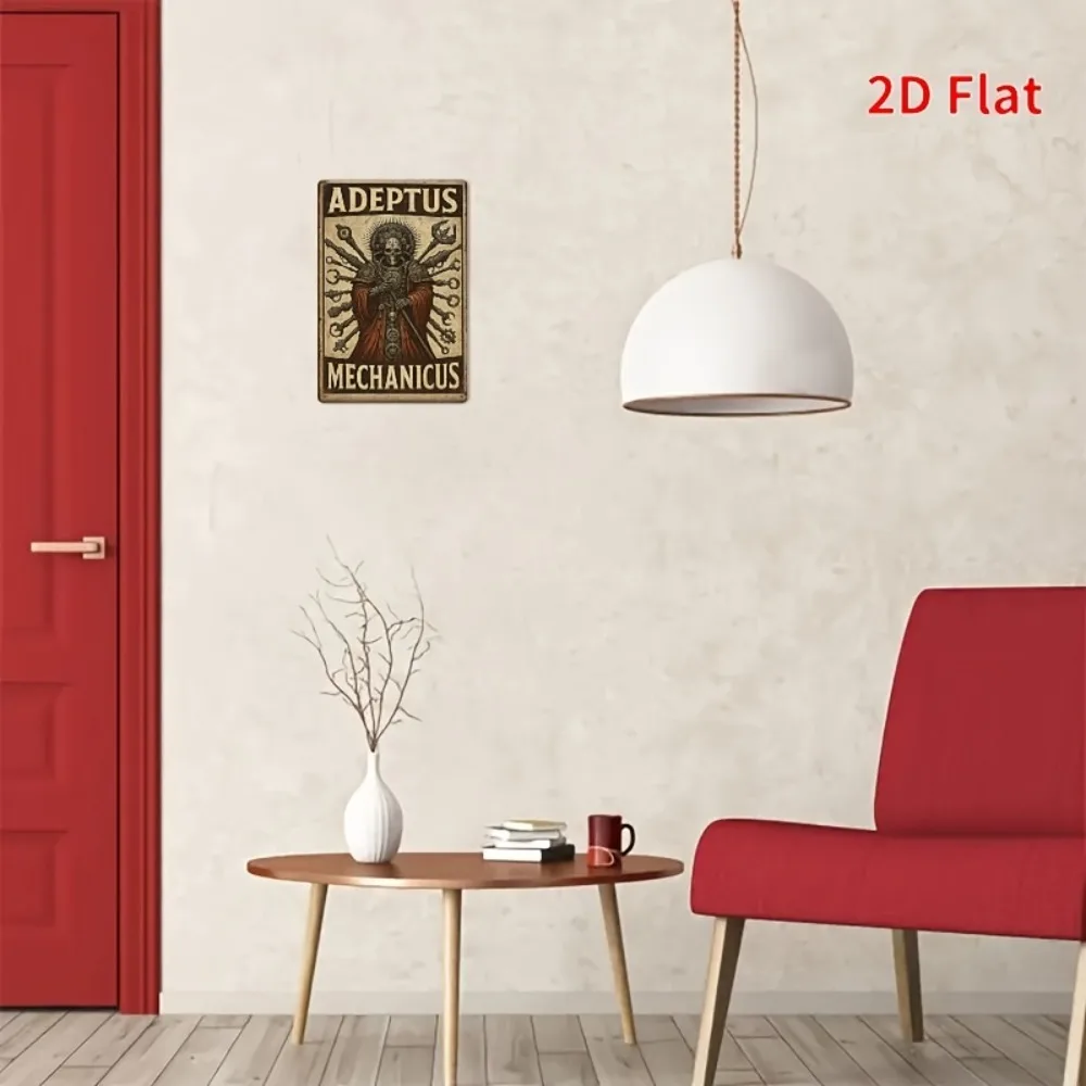 [مسطح [قطعة واحدة من فن الحائط المعدني العتيق من Adeptus Mechanicus - لافتة حديدية مع هيكل عظمي معقد وتصميم تروس