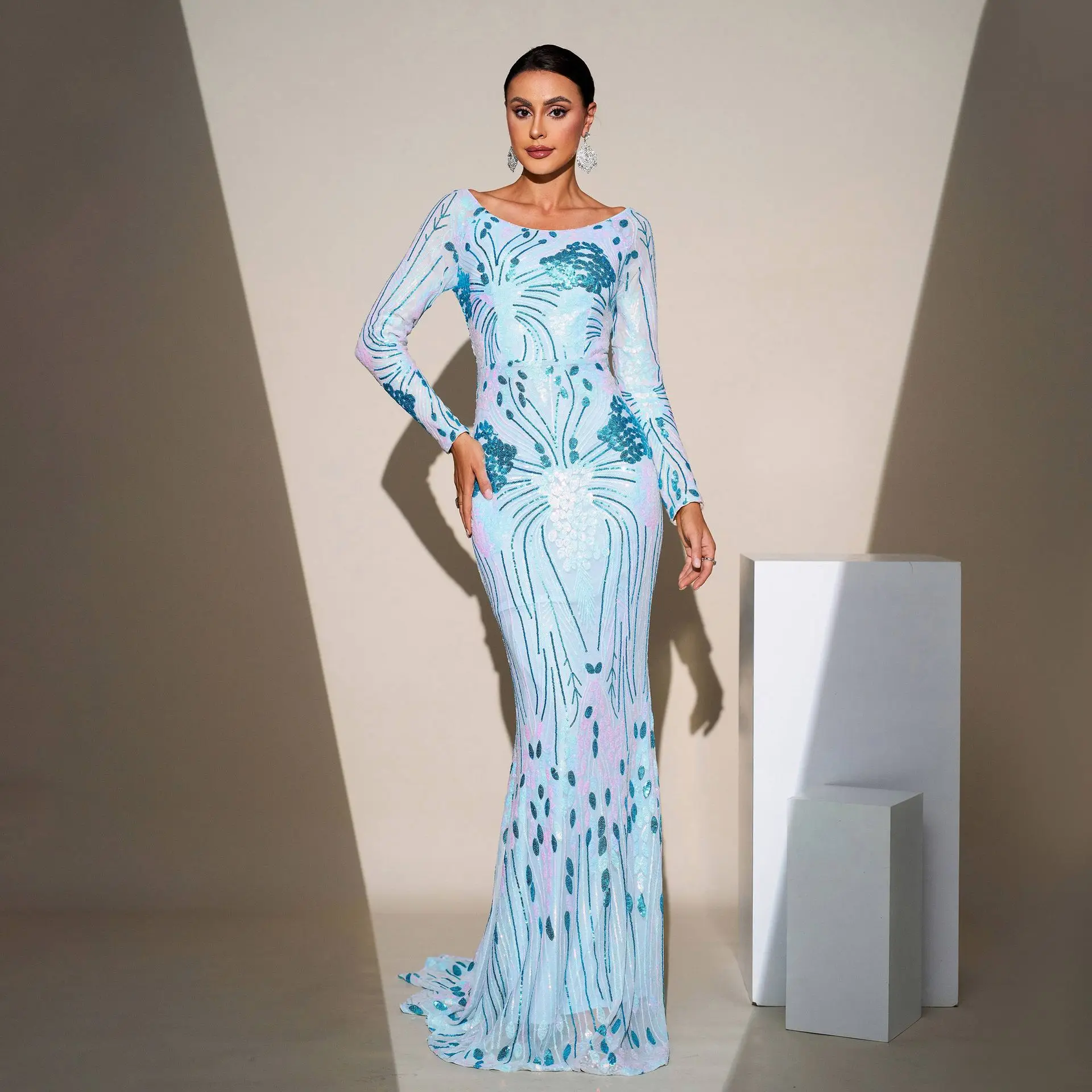 

Blue Sequin Evening Dresses Elegant Women Sweetheart Neck Lantern Sleeve Belt Bodycon Party Prom Mermaid Hem Dress Gown