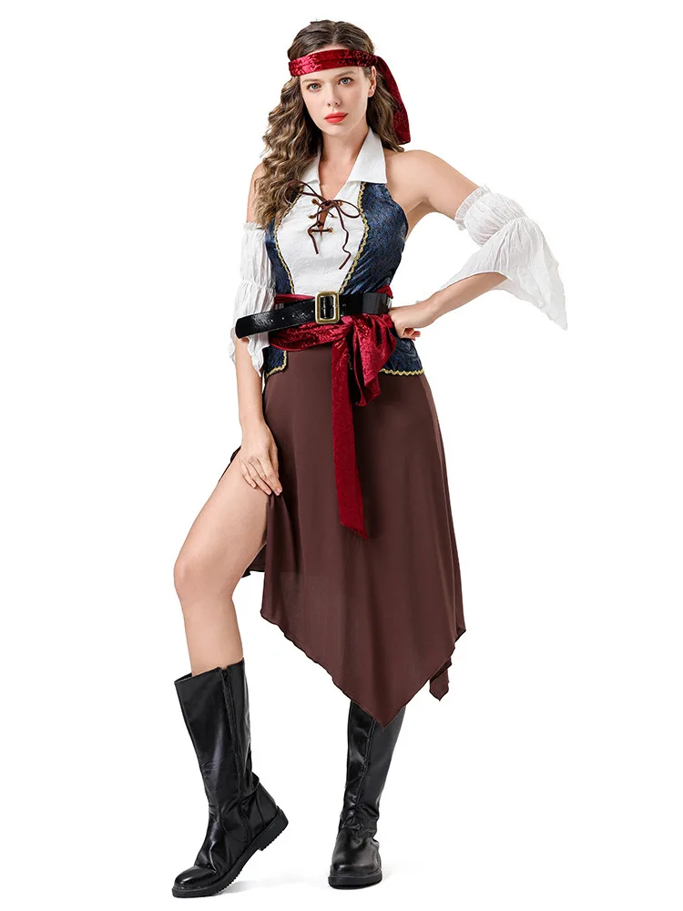 

Caribbean Pirate Uniform Women's Costume Viking Role-playing Masquerade Ball Makeup Halloween Adult Clothing Ethnic Stage Cos...