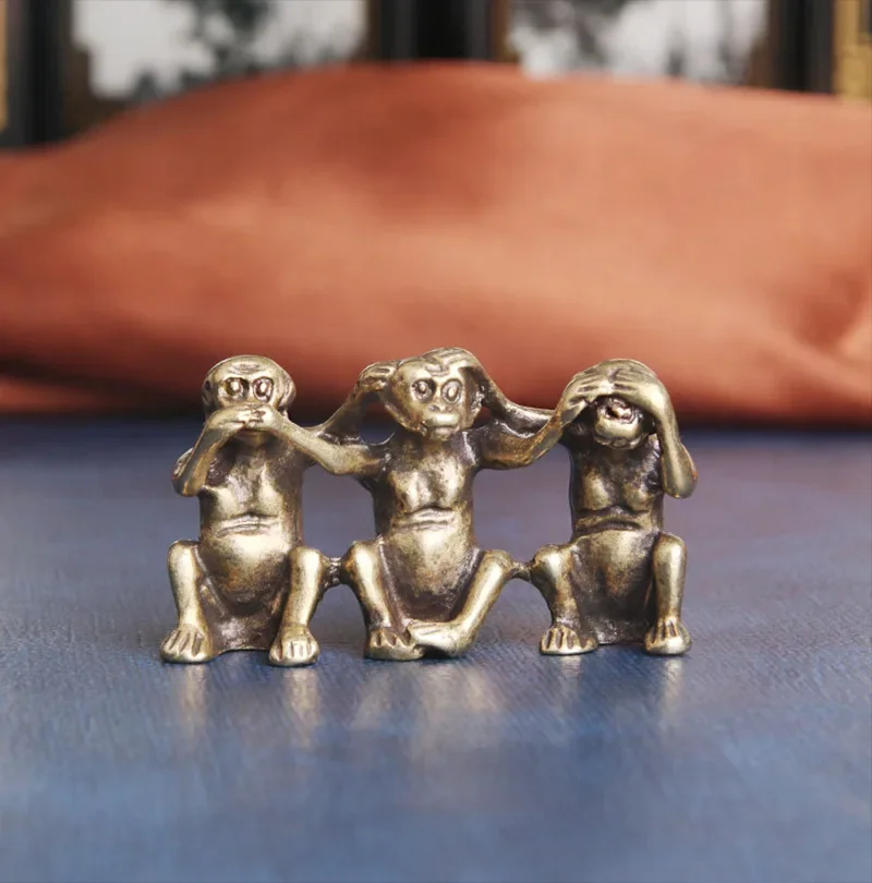 Brass Funny three monkeys Figurines Animal Miniatures Crafts Desktop Ornaments Desk Living Room Home Decoration Accessories