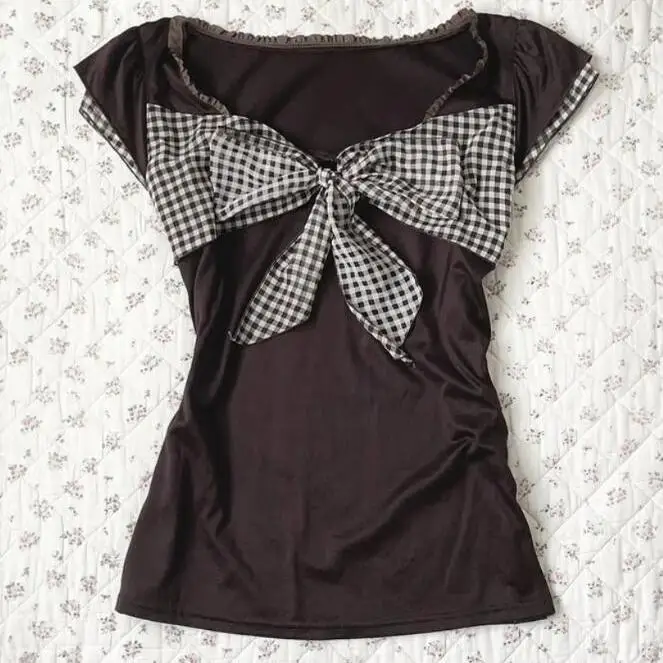 Camiseta de verano para mujer, camiseta de manga corta con rejilla de lazo Gyaru, ropa de calle Grunge, Top corto Kpop, ropa gótica Punk para chica dulce, camiseta Y2k