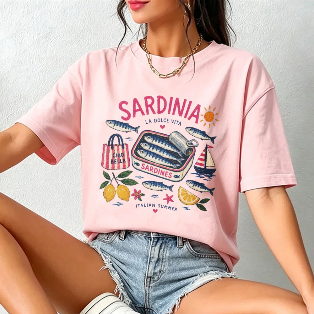 Sardine Graphic Tee Italian Summer Shirt Coastal Euro Vacation Tshirt Amalfi Coast La Dolce Vita Tops Foodie Cotton Tee-Shirt