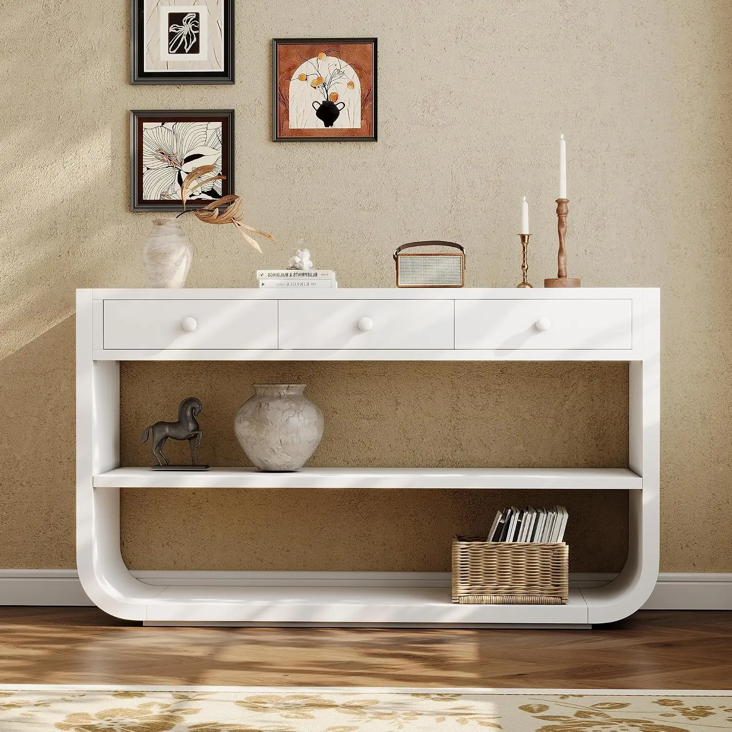 55" Curved Console Table with 3 Soft-Close Drawers & 2 Shelves,Solid Wood Base,Entryway Table for Living Room Hallway,Customized view 2