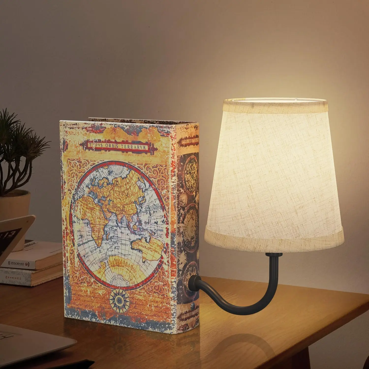 

Винтажная перезаряжаемая лампа для книжной полки с льняным абажуром, сенсорное управление с регулировкой яркости для офиса, дома, библиотеки