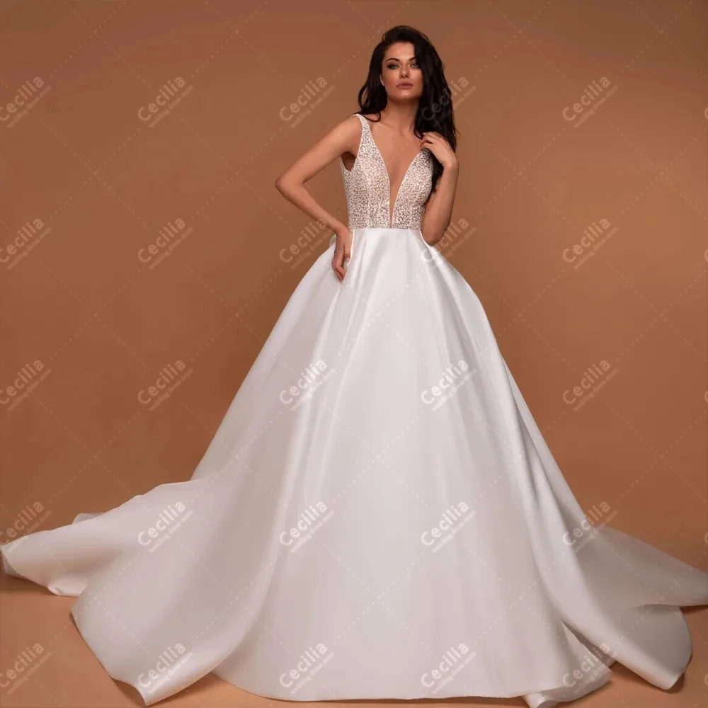 

Charming Wedding Dresses A-Line Satin Bridal Gowns Lace Appliques Sleeveless Backless Robes For Formal Party Vestidos De Novia