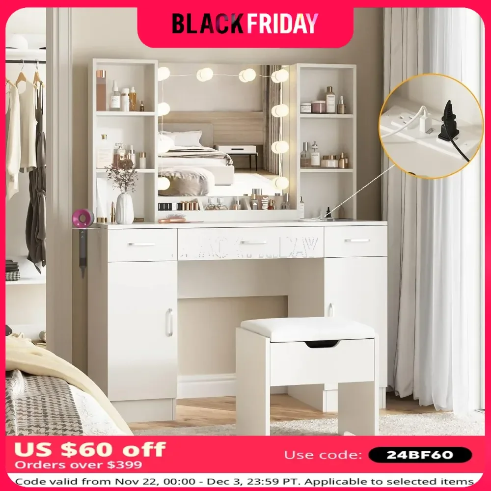 

45.2 Makeup Vanity Table with Lighted Mirror & Power Strip, Lots Storage, 3 Lighting Modes, Brightness Adjustable