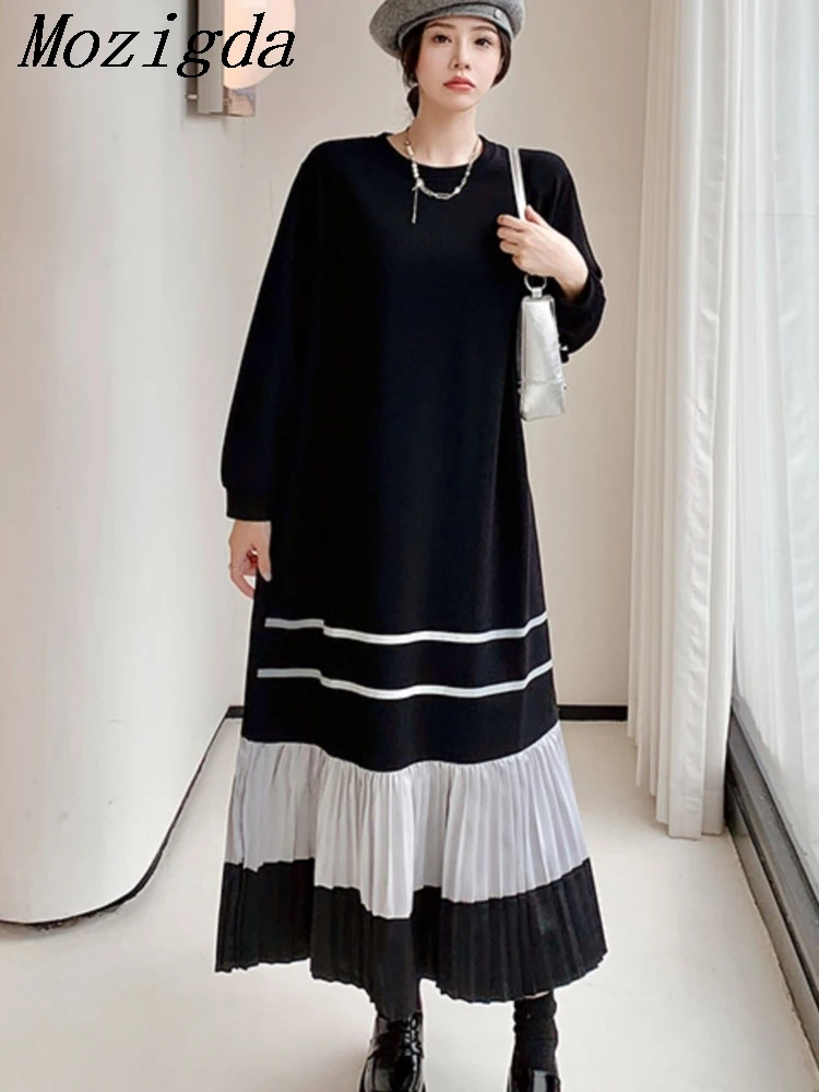 特大の女性用Tシャツ,プリーツドレス,ルーズセーター,パッチワークカラー,長袖,春,秋