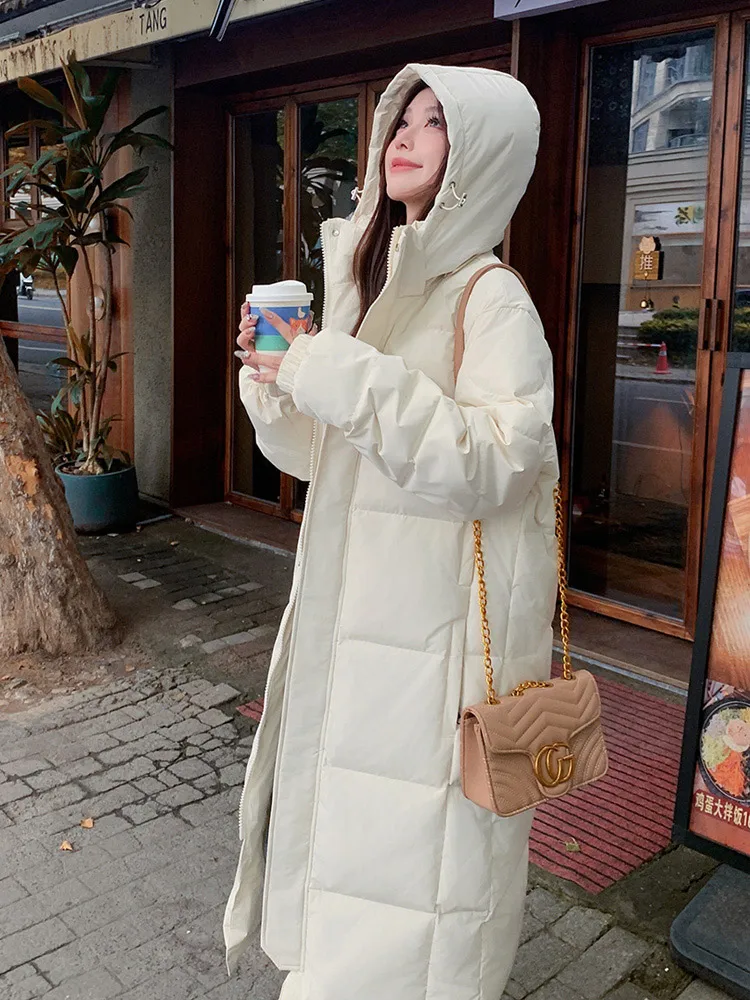 Vielleicht New Long Straight Casual Women White Duck Down Jacket Winter Parkas Coat Clothes Hooded Stylish Female Outerwear