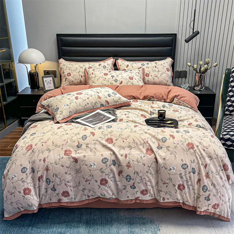 

High Quality Thickened Quilt Cover In Autumn Winter Double-layer Yarn Cotton Linen Printing 4-piece Modern Simple Ins Style Set