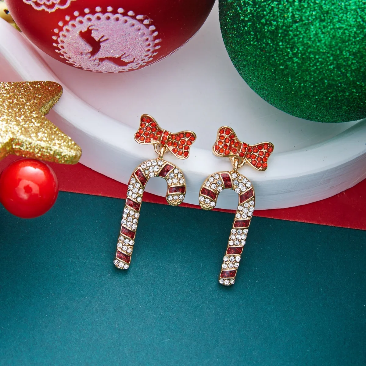 Weihnachts-Strass-Stern-Weihnachtsmann-Ohrhänger für Damen, modische rote Schleifen-Weihnachtsstangen-Weinglas-Socken-Ohrringe, Neujahrs-Schmuck – Detail 26