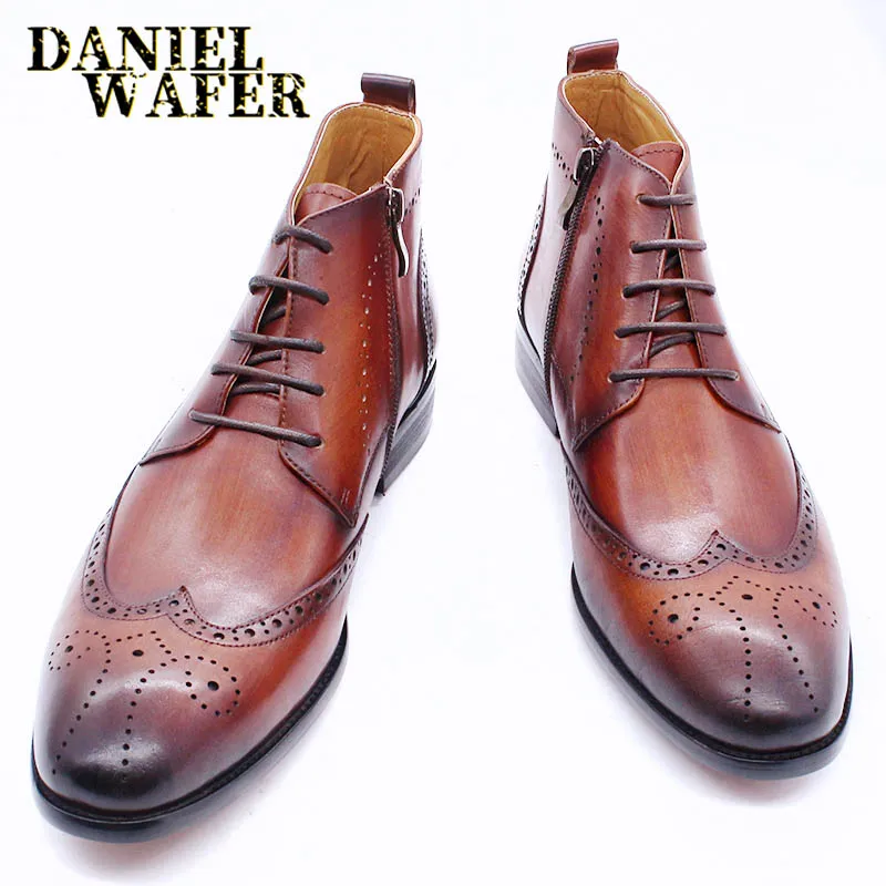 Luxury Brand Men\'s Genuine Leather Ankle Boots Fashion Black Brown Wing Tip Details Brogue Lace Up Office Formal Basic Boots Men