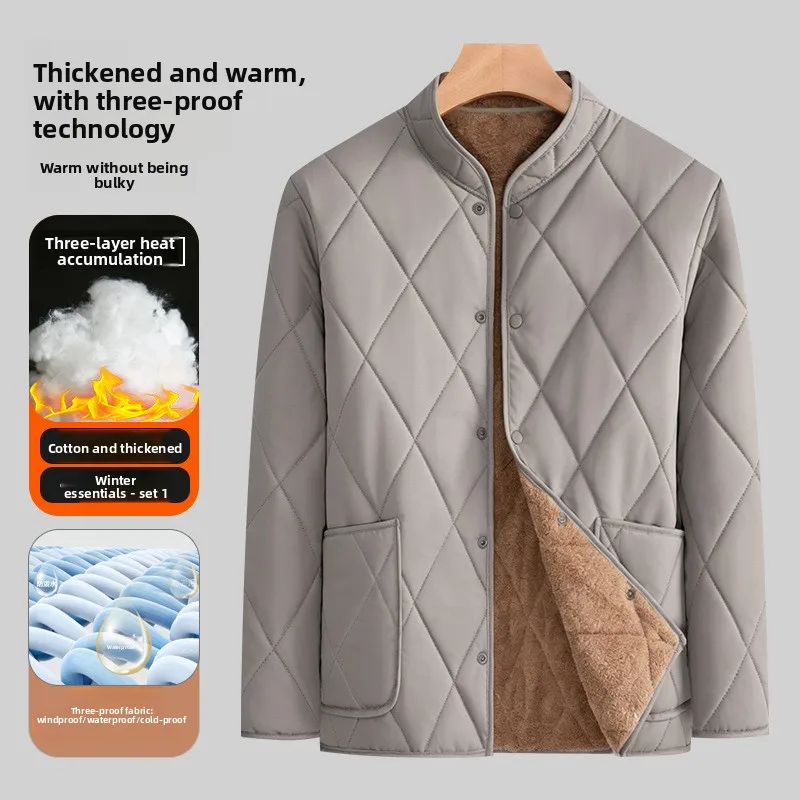 Men’s Fleece Lined Jacket Casual Stand Collar Button Keep Warm Coats Windproof Cold-proof Diamond Lattice Pattern Quilted Jacket