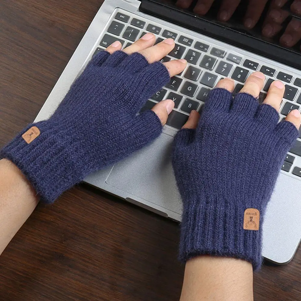 Driving Gloves Antler Leather Label Solid Color Female Gloves Men Wool Mittens Half-finger Gloves Knitted Cashmere Gloves