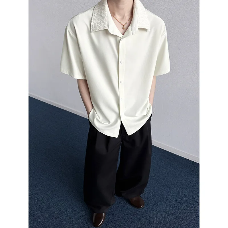 Korean Fashion 2026 Summer New Solid Colr Cool Ice Silk Neckline Spliced Short Sleeve Shirt Men Casual Men's Clothing