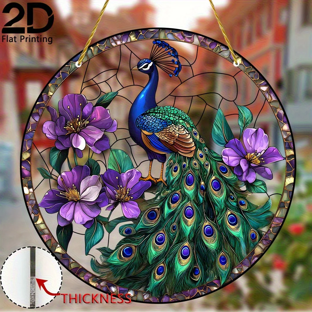 2D Flat, 1pc Vibrant Peacock Suncatcher 8x8inch Round Acrylic Stained Design with Blue& Green Feathers, Purple Flowers& Golden A