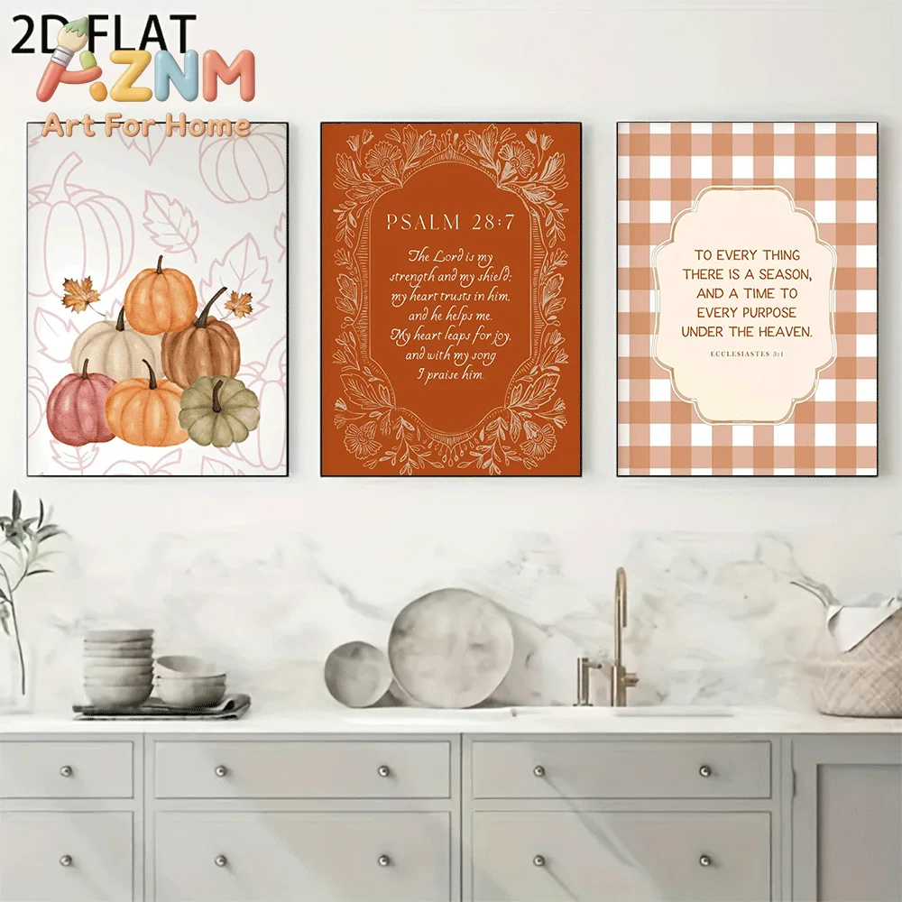 AZNM Frameless Canvas Wall Art, Fall Bible Verse Print, Watercolor Pumpkin Gingham Check Scripture Art Poster for Thanksgiving F