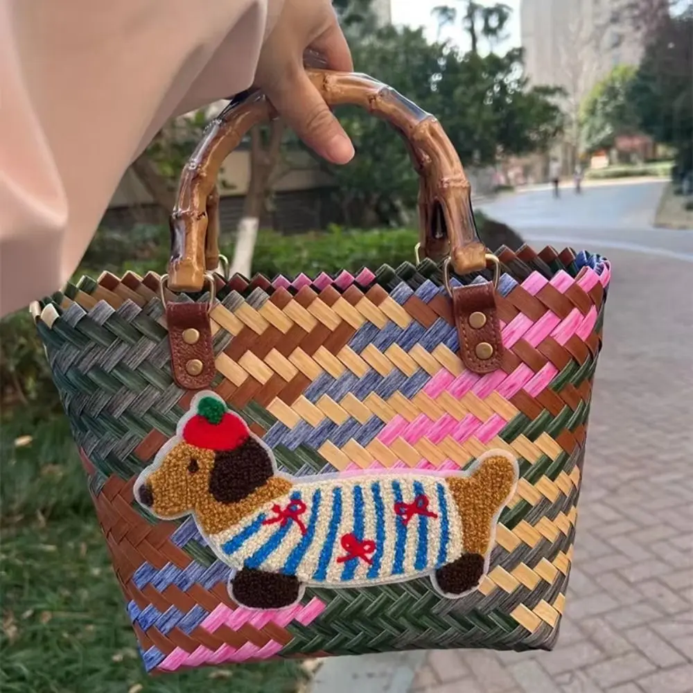 

Creative Retro Striped Woven Bag Puppy Pattern Bamboo Handle Weave Tote Bag INS Vintage Summer Women's Handbag Beach Vacation