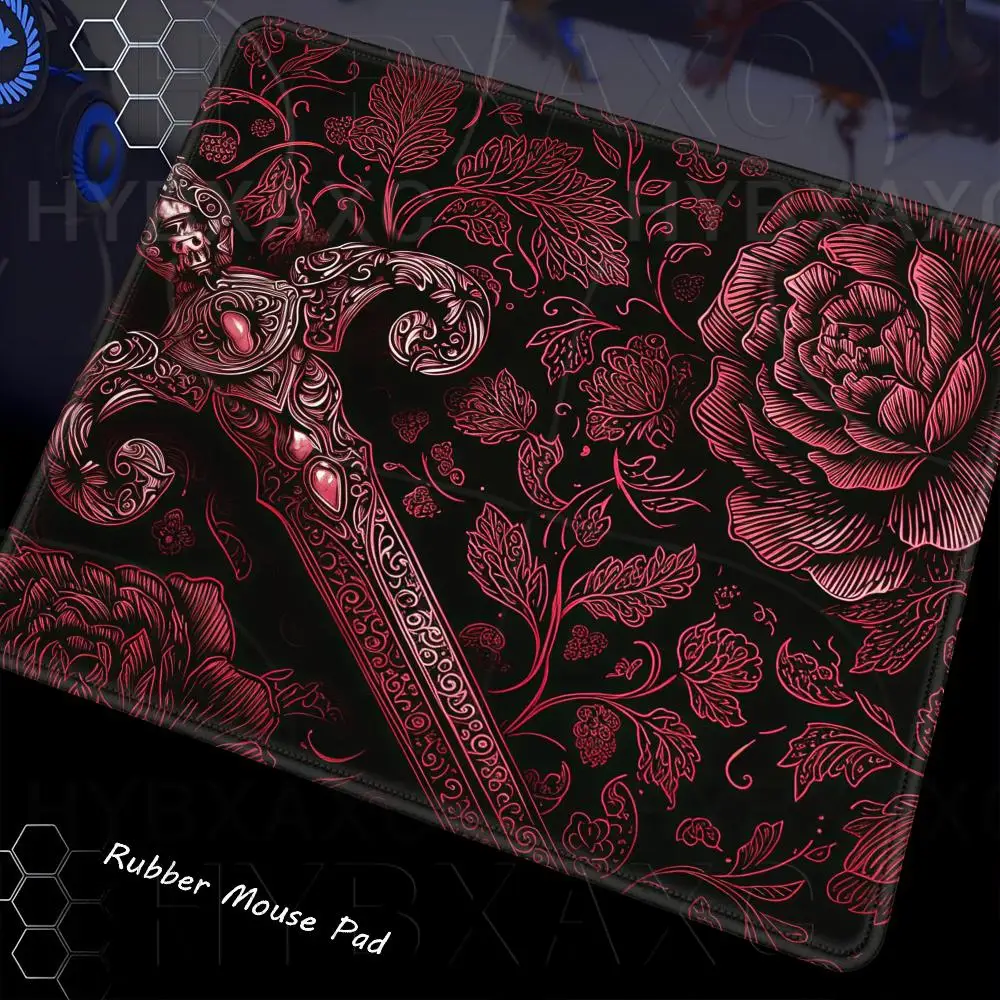 Gothic Sword Rose Floral Mouse Pad Multiple Sizes Large Square Computer Office Game Table Mats Dark Red Fantasy Gaming Mousepad