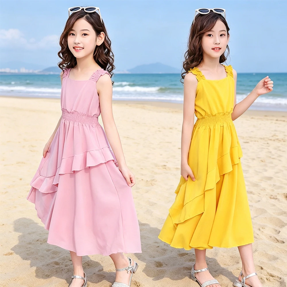 Teen Girls Summer Dresses 2026 New Kid Casual Solid Color Sleeveless Strap Waist Sundress Children Vacation Style Princess Dress