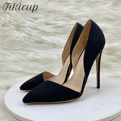 Tikicup Elegant Women Pumps Black Flock Sexy D'Orsay Pointy Toe Stiletto Designer High Heel Slip On OL Wedding Party Dress Shoes