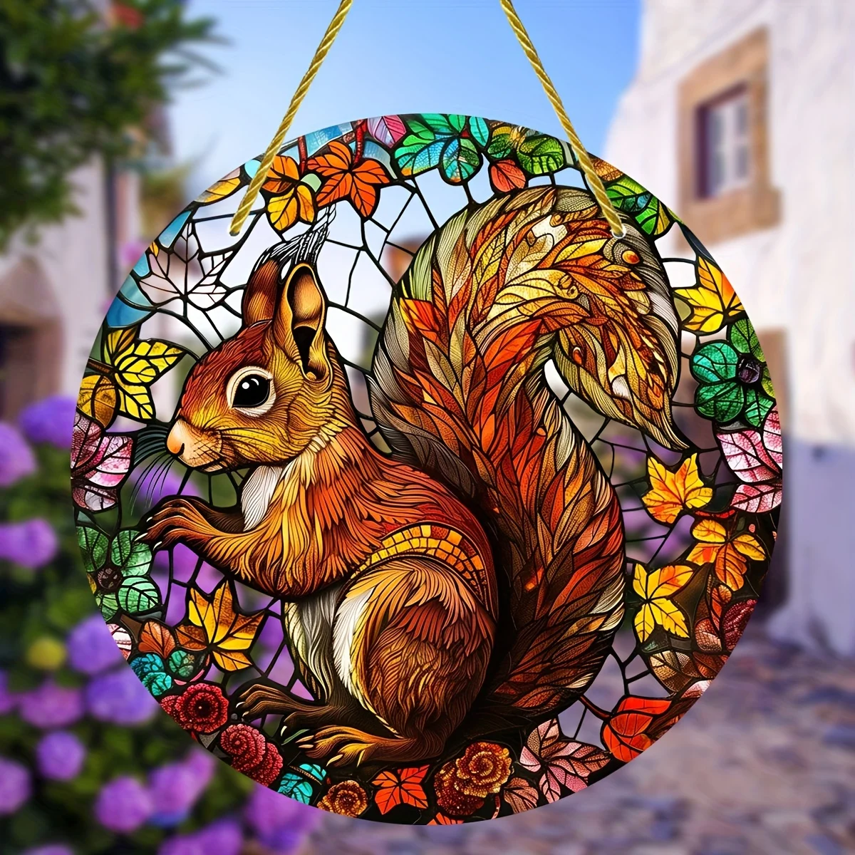 Squirrel Stained Glass Window Hanging Suncatcher,Round Acrylic Sign,All-Season,Porch,Home Decor,Garden,Birthday Gift For Friends